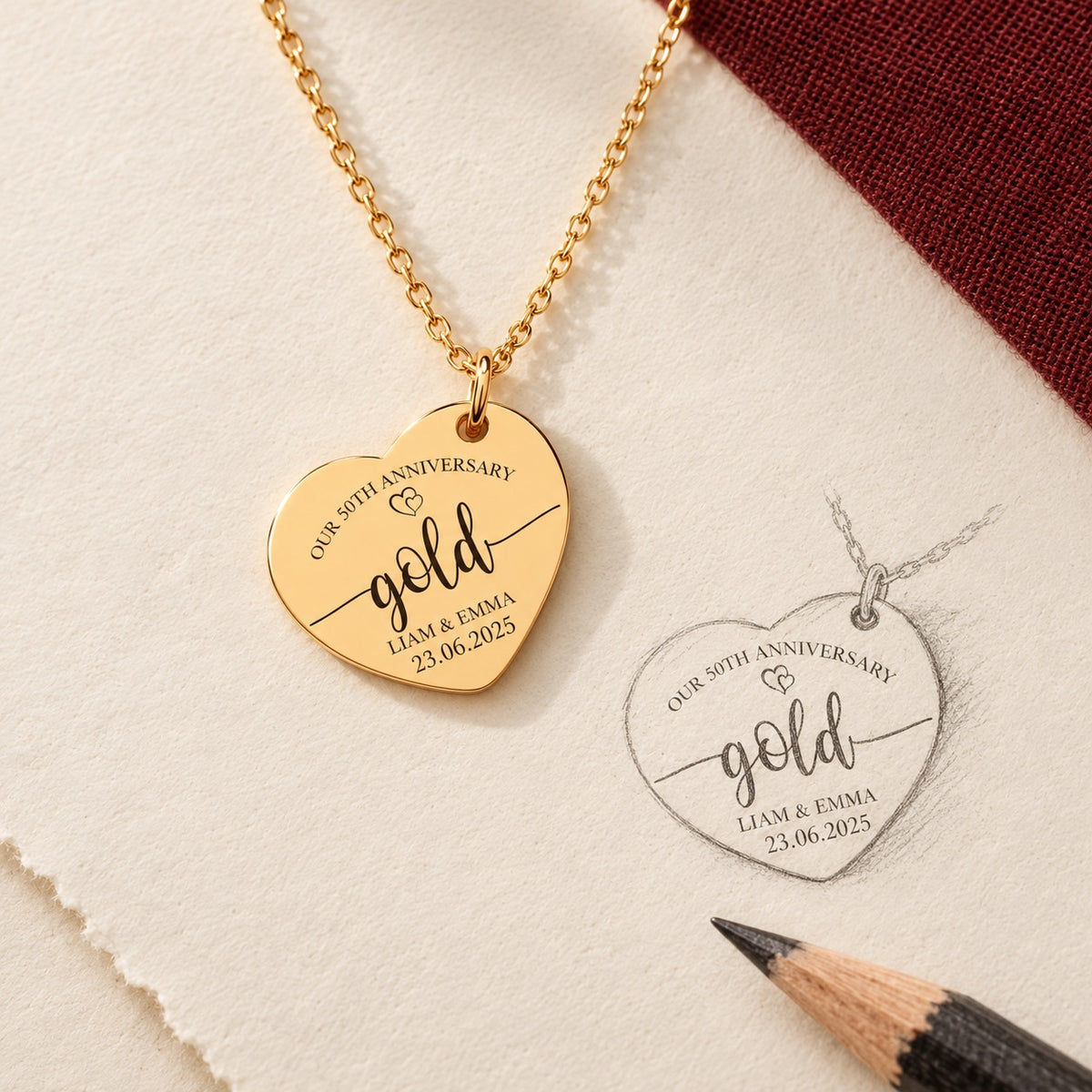Collier Coeur Anniversaire de Mariage 50 ans doré et étude au graphite du bijou sur papier ivoire.