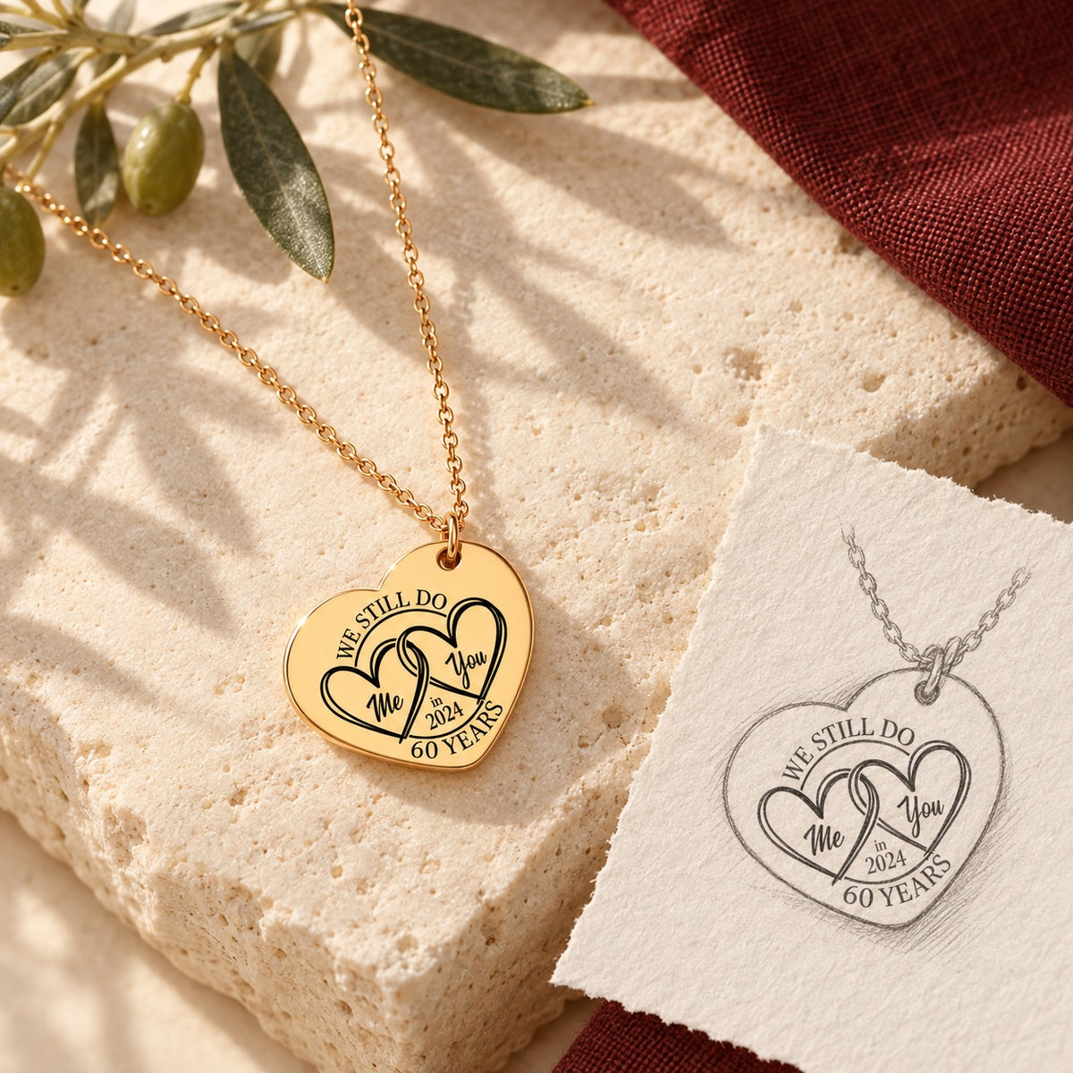 Collier cœur anniversaire de mariage 60 ans doré sur pierre claire, accompagné du dessin de sa médaille en cœur.