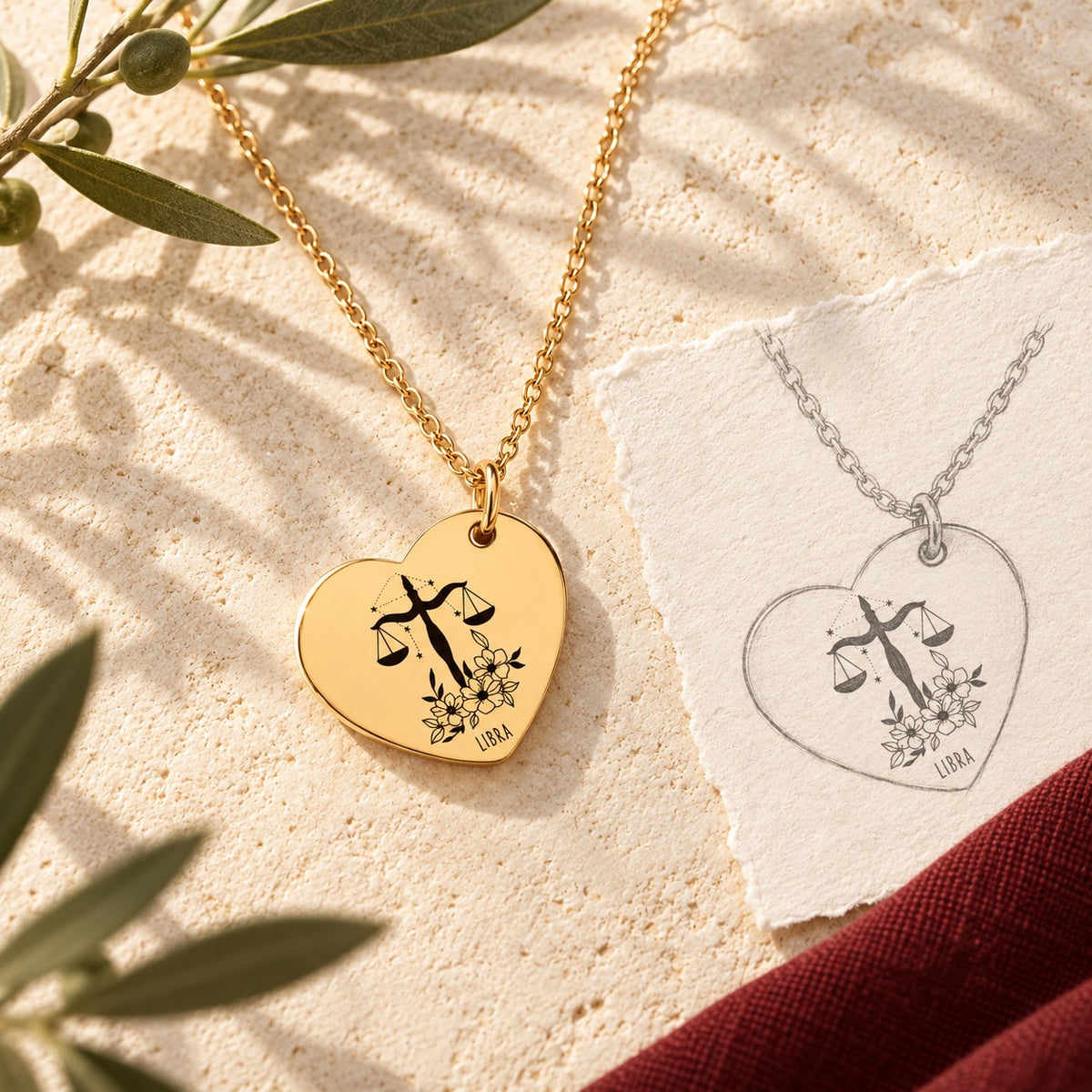 Collier cœur signe astrologique Balance doré sur pierre claire avec dessin de sa médaille en cœur.