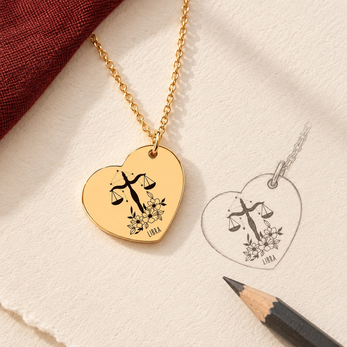 Collier cœur signe astrologique Balance doré et étude au graphite du bijou sur papier ivoire.