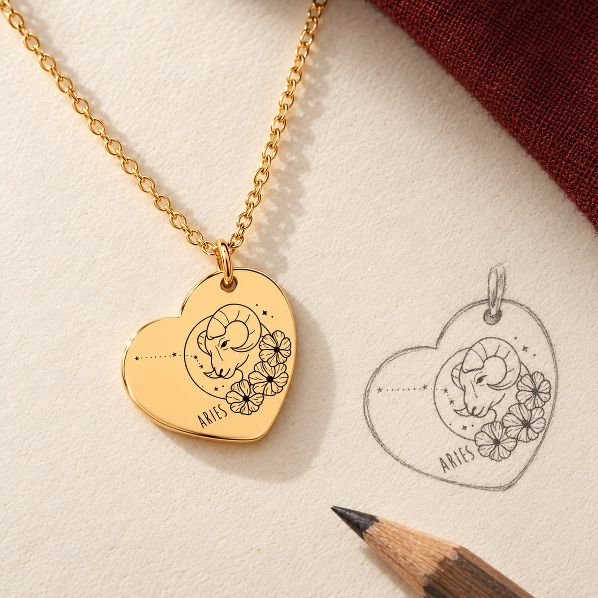 Collier cœur signe astrologique Bélier doré et étude au graphite du bijou sur papier ivoire.
