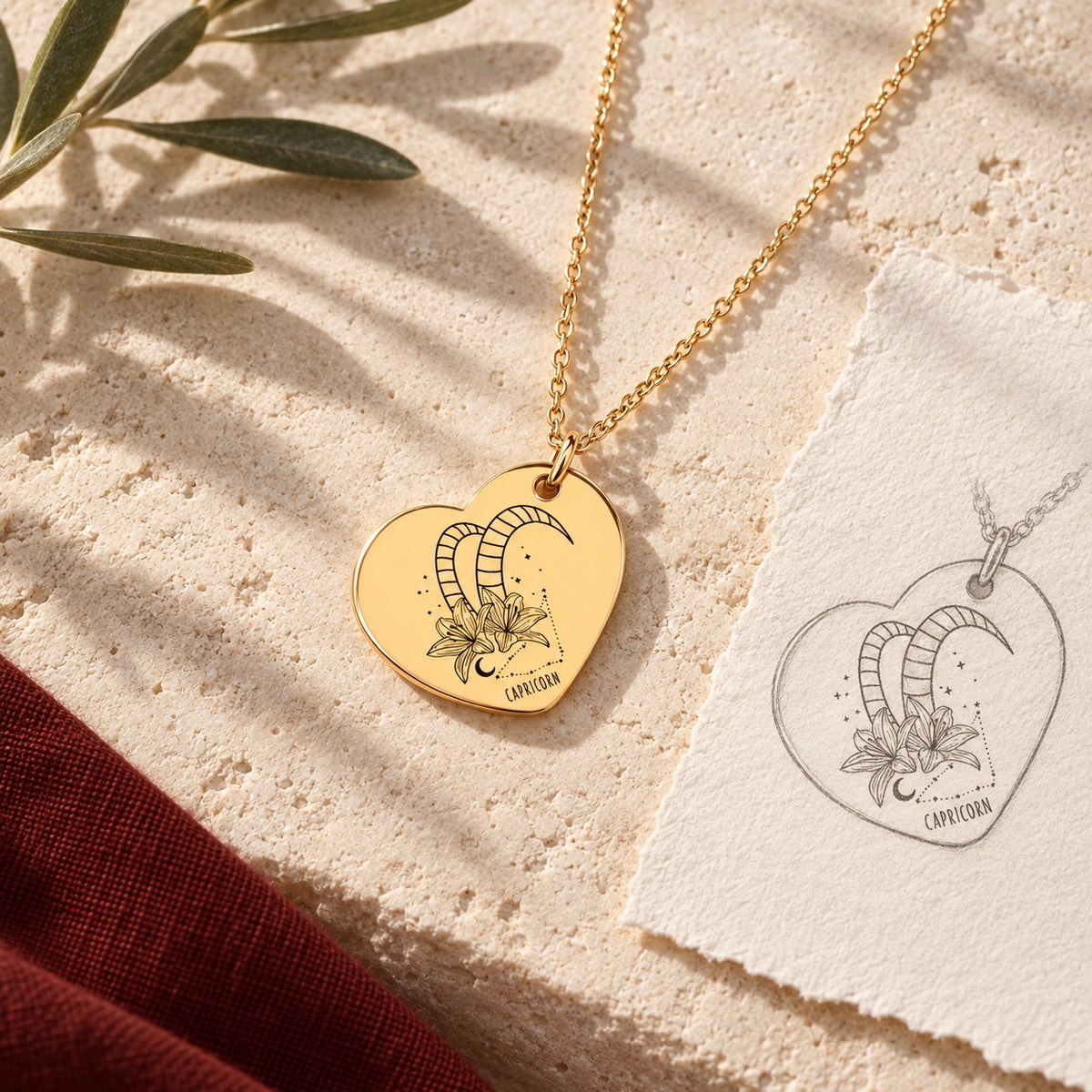 Collier cœur signe astrologique Capricorne doré sur pierre claire avec dessin de sa médaille en cœur.
