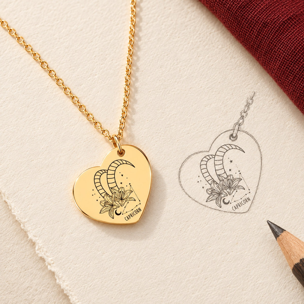 Collier cœur signe astrologique Capricorne doré et étude au graphite du bijou sur papier ivoire.