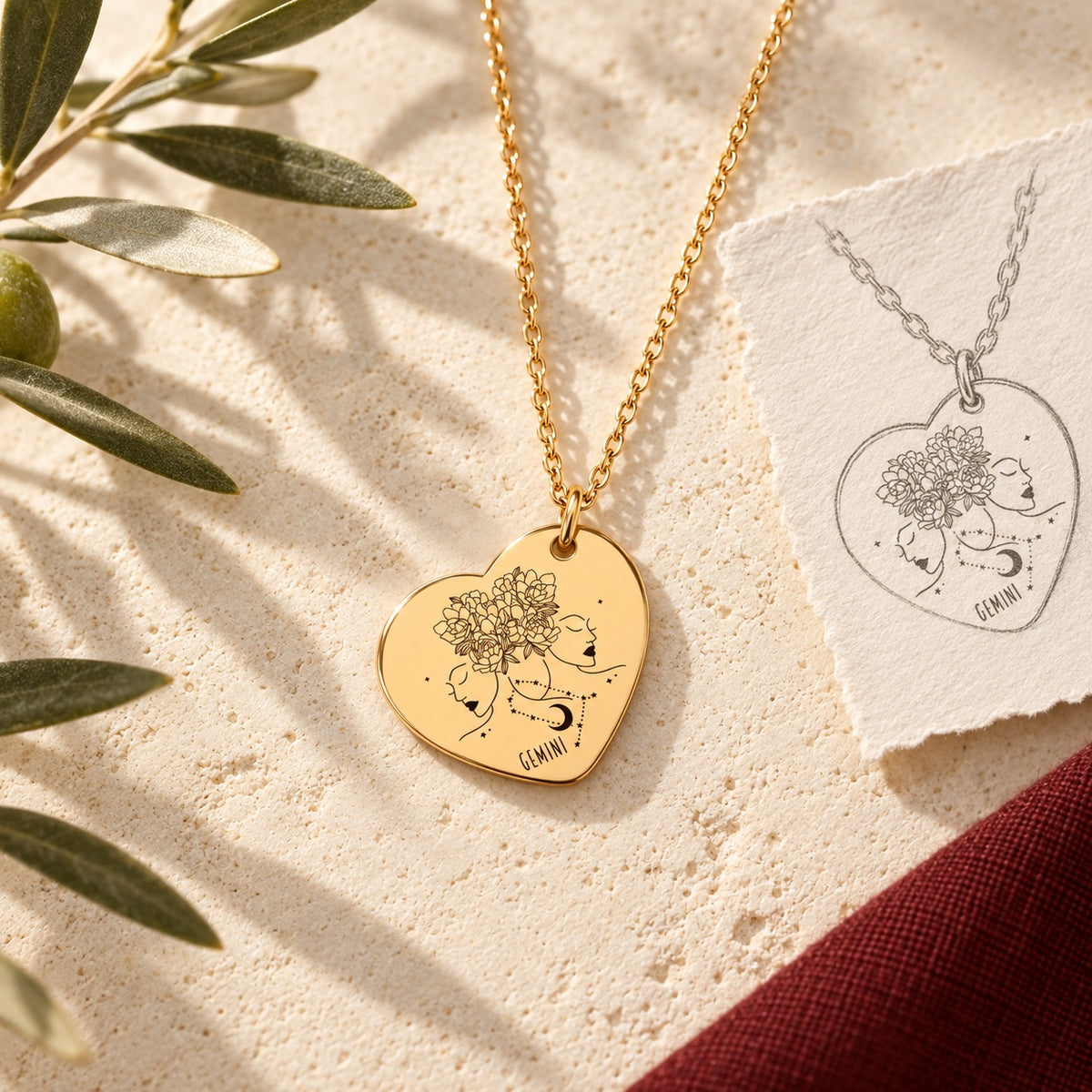 Collier cœur signe astrologique Gémeaux doré sur pierre claire avec dessin de sa médaille en cœur.