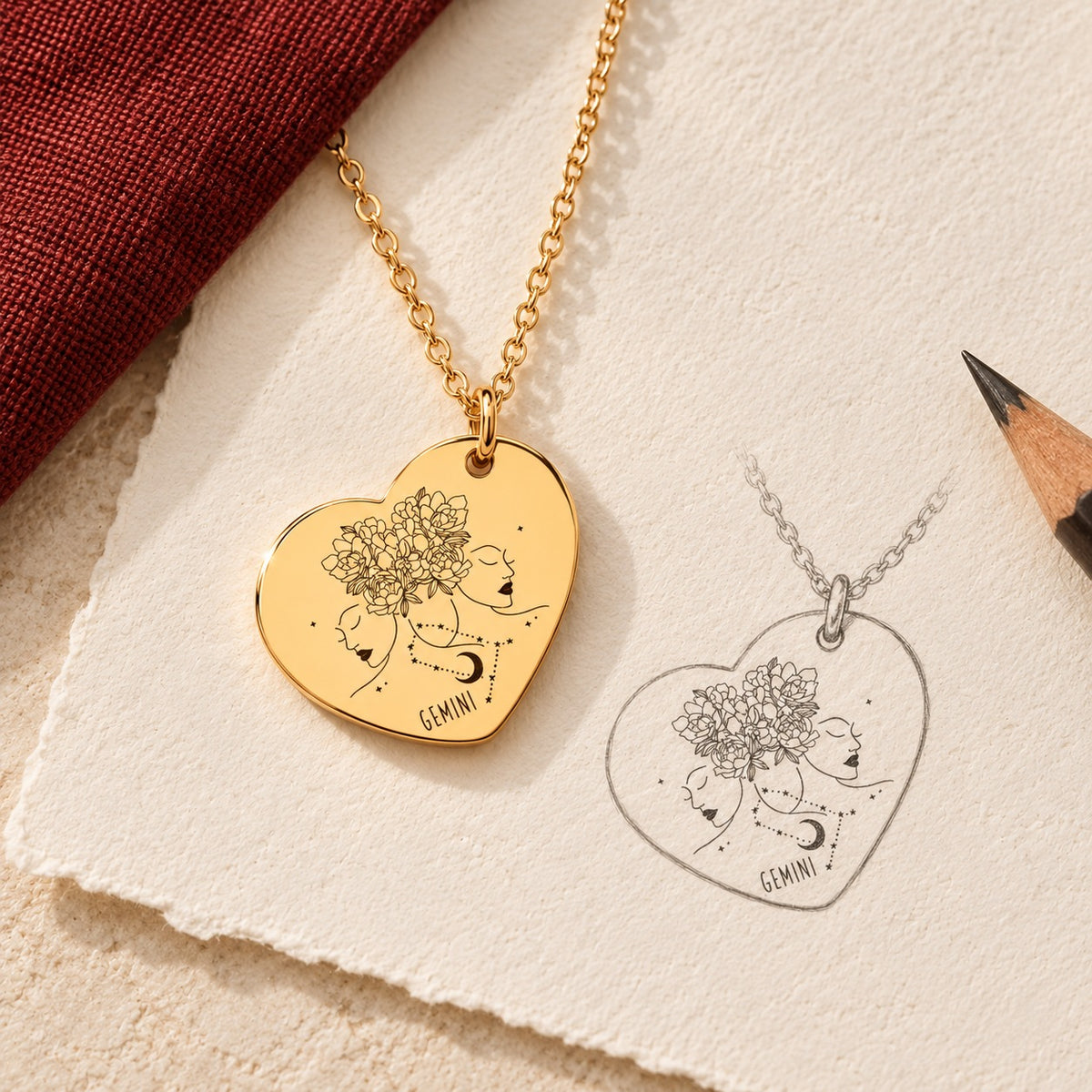 Collier cœur signe astrologique Gémeaux doré et étude au graphite du bijou sur papier ivoire.