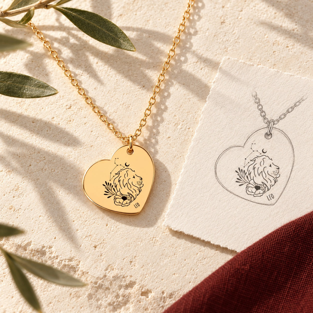 Collier cœur signe astrologique Lion doré sur pierre claire avec dessin de sa médaille en cœur.