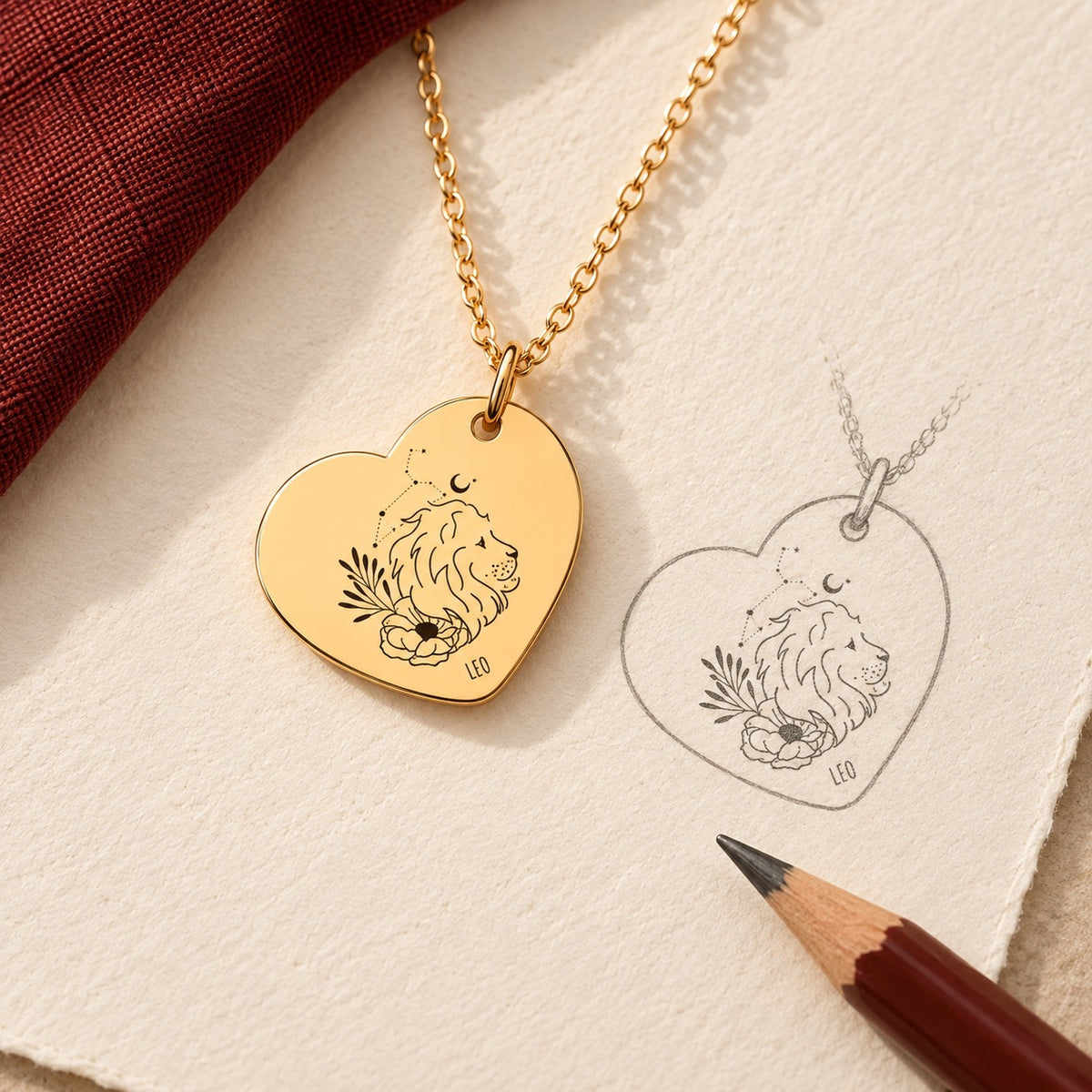 Collier cœur signe astrologique Lion doré et étude au graphite du bijou sur papier ivoire.