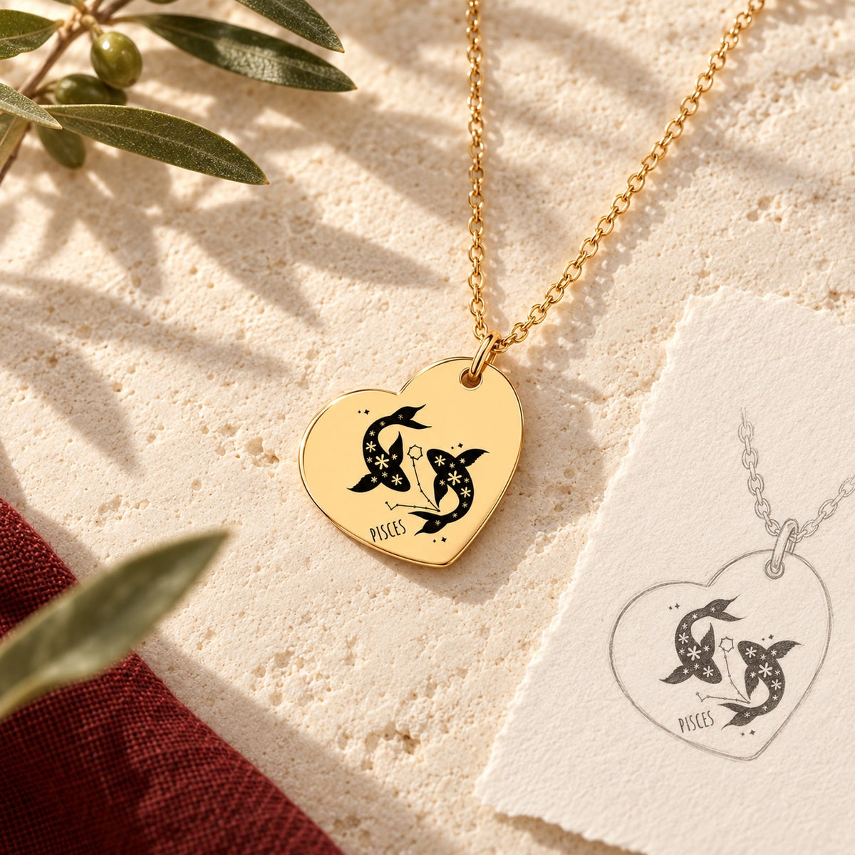 Collier cœur signe astrologique Poissons doré sur pierre claire avec dessin de sa médaille en cœur.