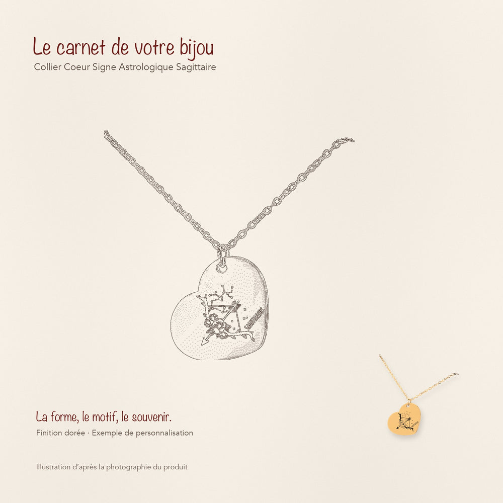 Dessin au trait et photographie du collier Coeur Signe Astrologique Sagittaire dans une composition de carnet manuscrit.