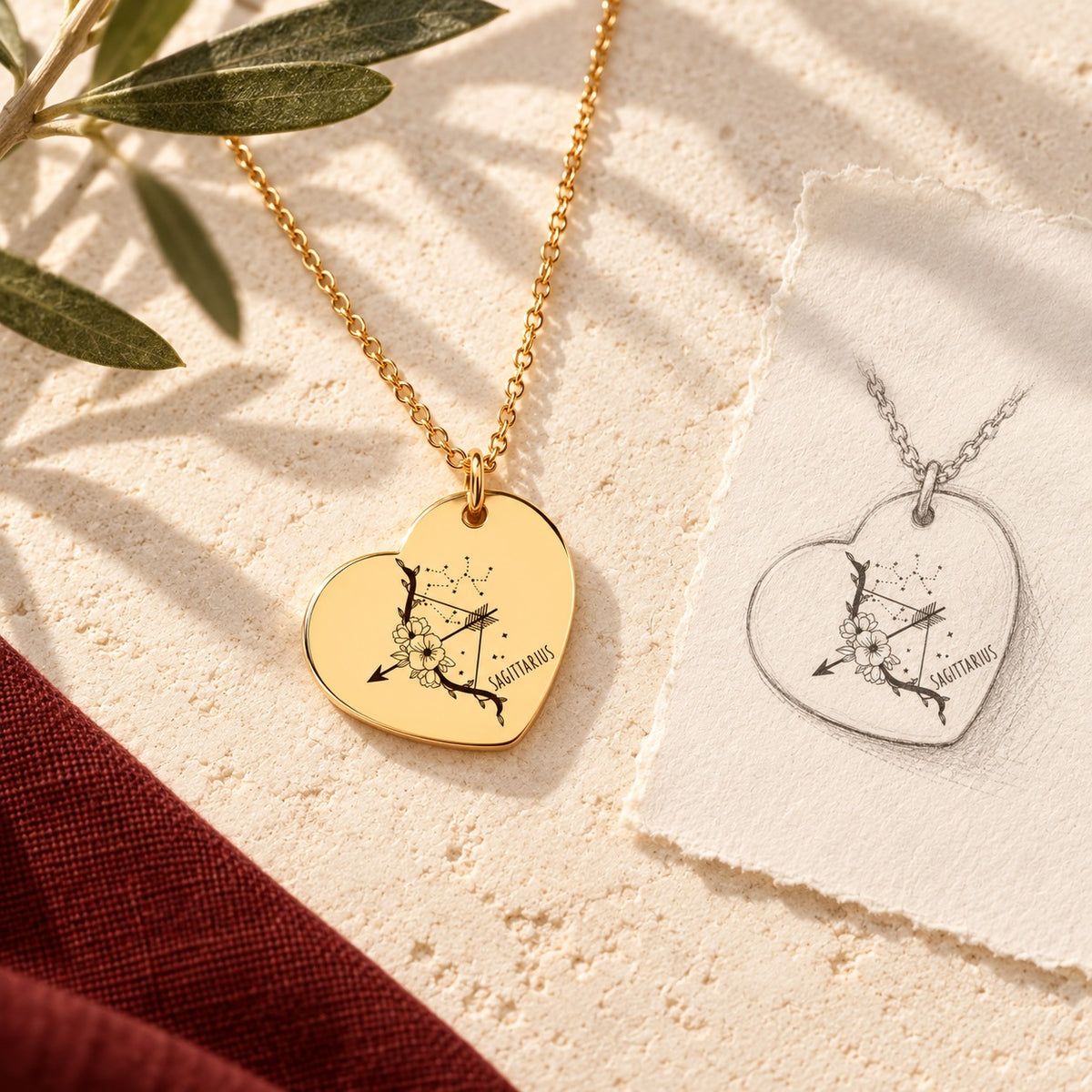 Collier cœur signe astrologique Sagittaire doré sur pierre claire avec dessin de sa médaille en cœur.