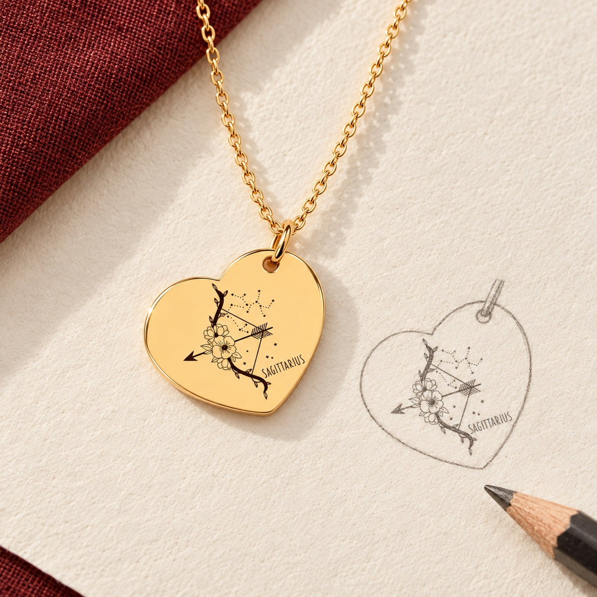 Collier cœur signe astrologique Sagittaire doré et étude au graphite du bijou sur papier ivoire.