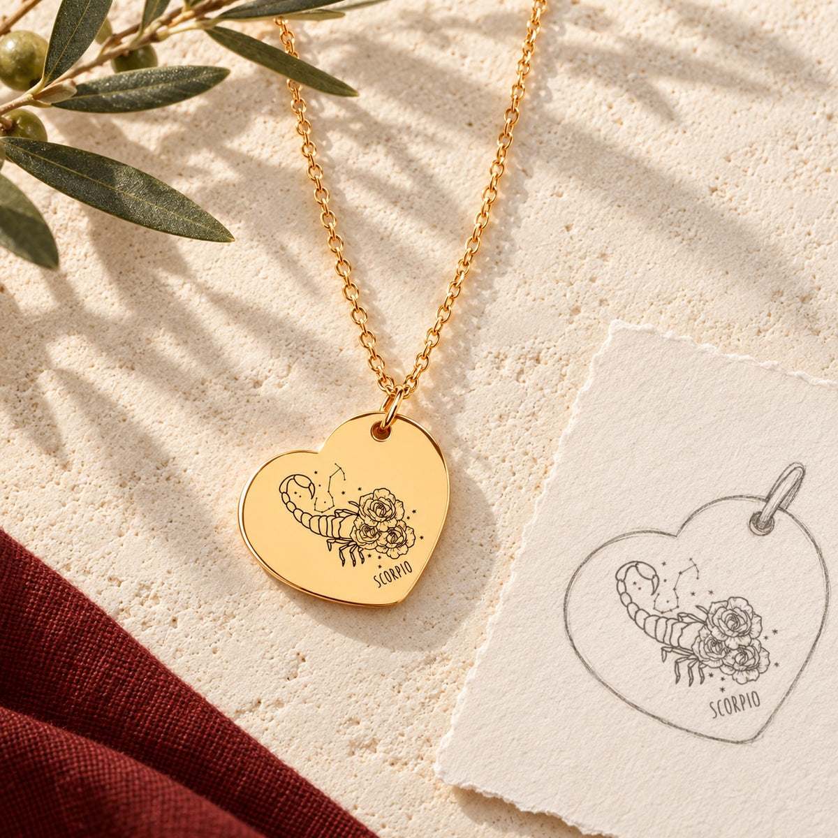 Collier cœur signe astrologique Scorpion doré sur pierre claire avec dessin de sa médaille en cœur.