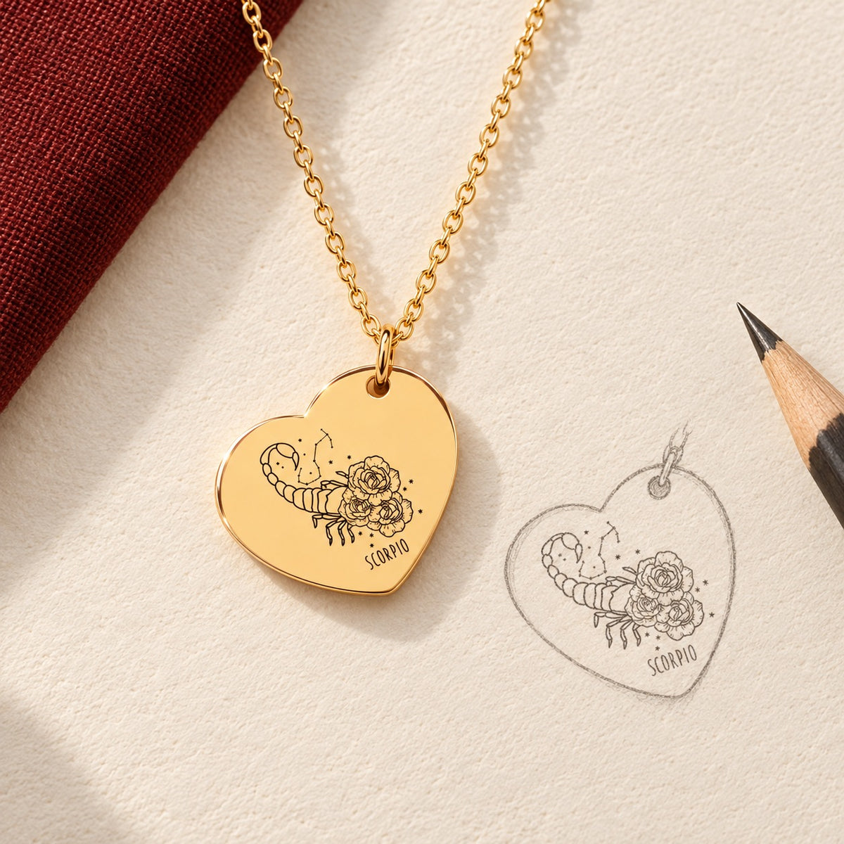 Collier cœur signe astrologique Scorpion doré et étude au graphite du bijou sur papier ivoire.