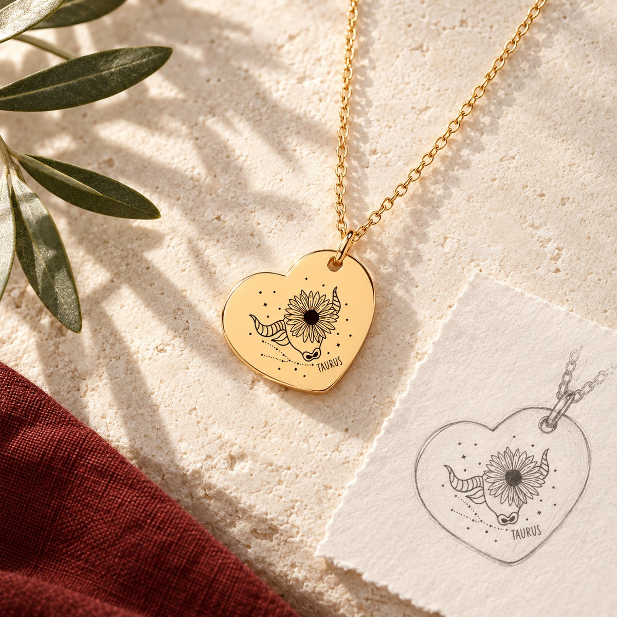 Collier cœur signe astrologique Taureau doré sur pierre claire avec dessin de sa médaille en cœur.