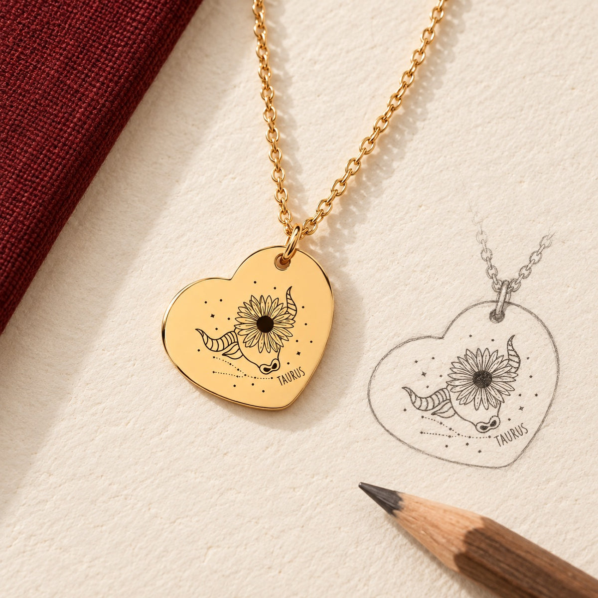 Collier cœur signe astrologique Taureau doré et étude au graphite du bijou sur papier ivoire.