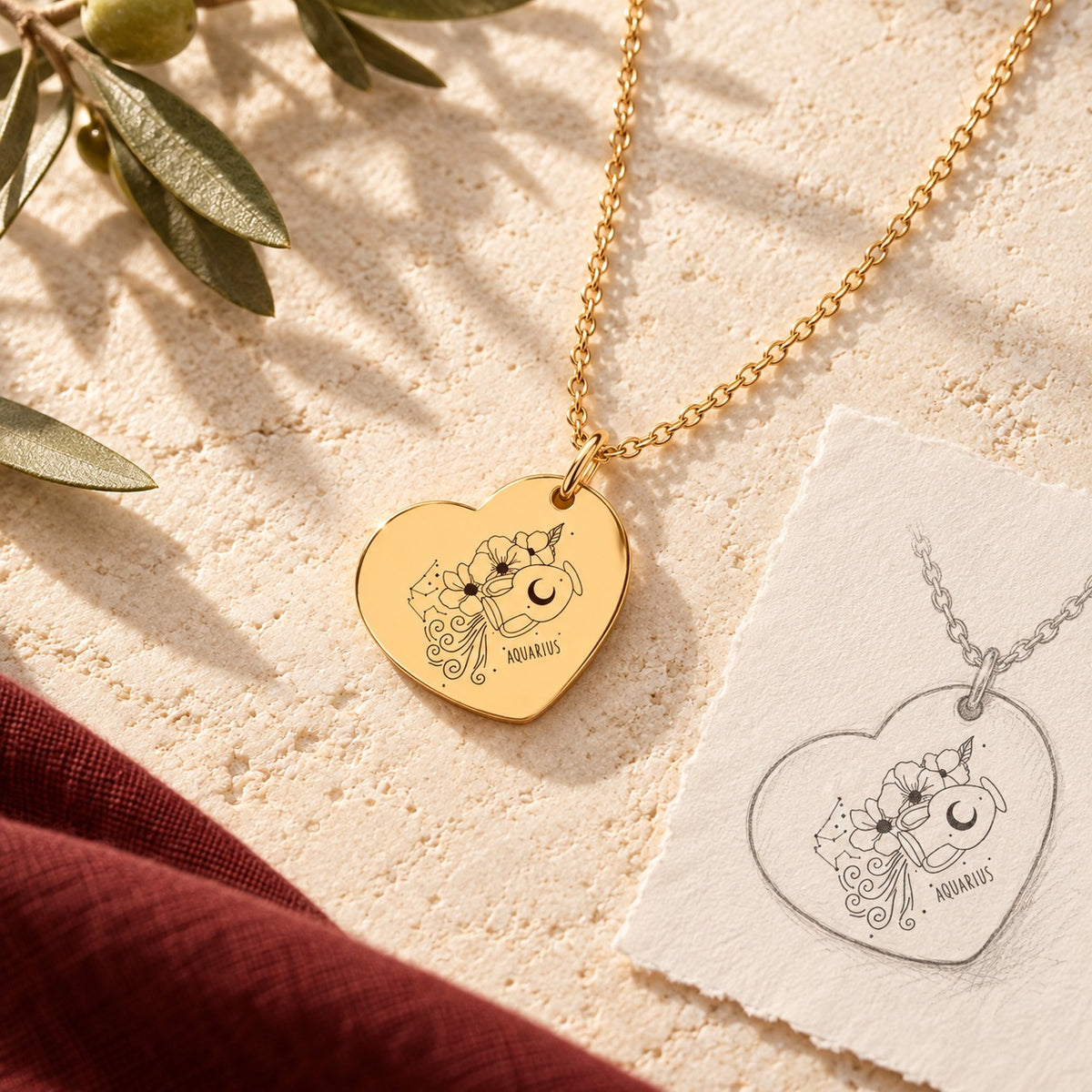 Collier Coeur Signe Astrologique Verseau doré sur pierre claire avec dessin de sa médaille en cœur.