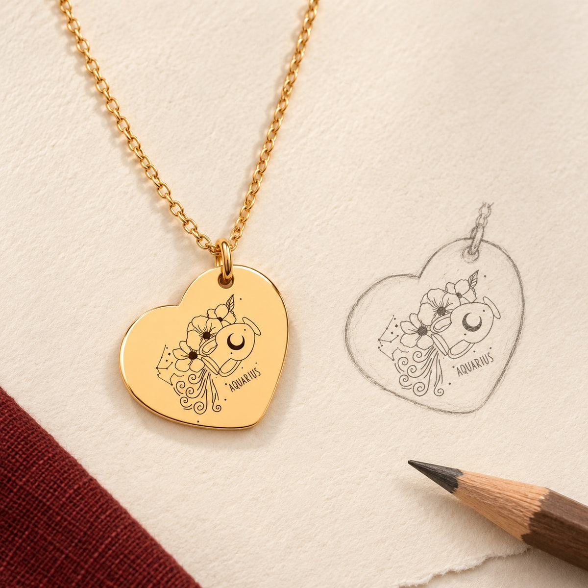 Collier Coeur Signe Astrologique Verseau doré et étude au graphite du bijou sur papier ivoire.