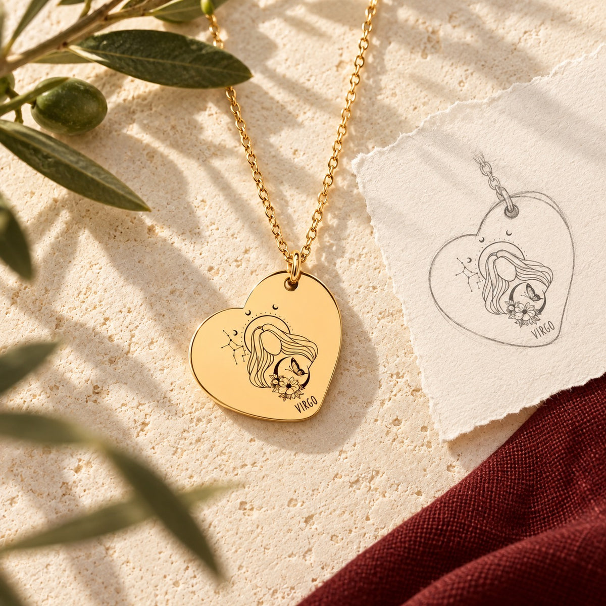 Collier cœur signe astrologique Vierge doré sur pierre claire avec dessin de sa médaille en cœur.