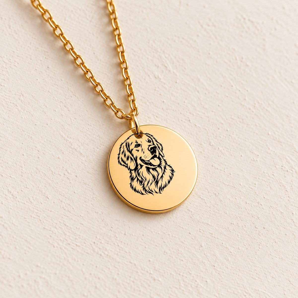 Détail du portrait de Golden Retriever gravé sur la médaille ronde dorée, sur fond ivoire.