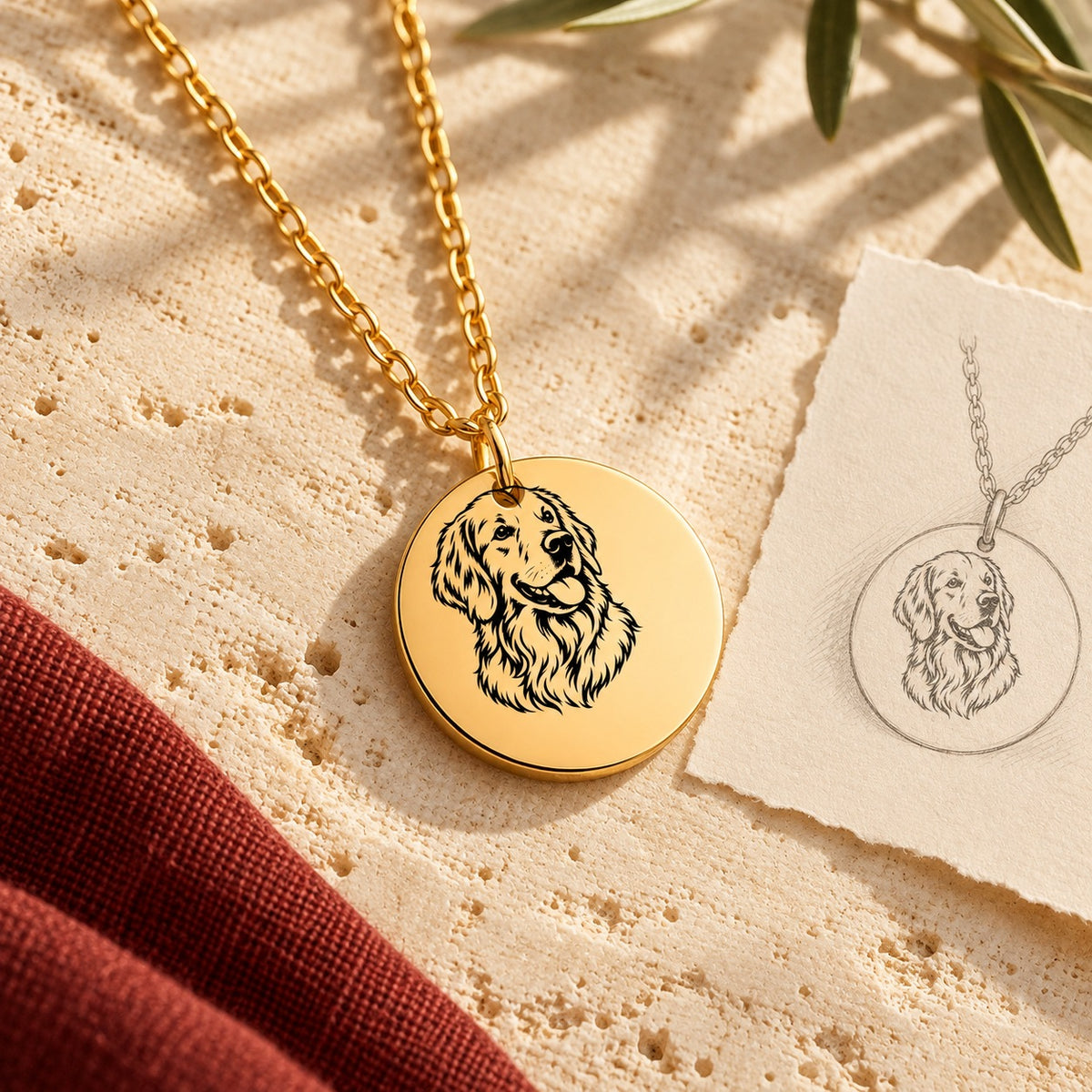 Collier Golden Retriever doré sur pierre claire, accompagné du dessin du médaillon sur papier ivoire.