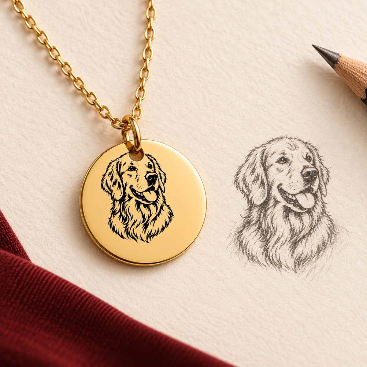 Collier Golden Retriever doré et étude au graphite du portrait de Golden Retriever sur papier ivoire.