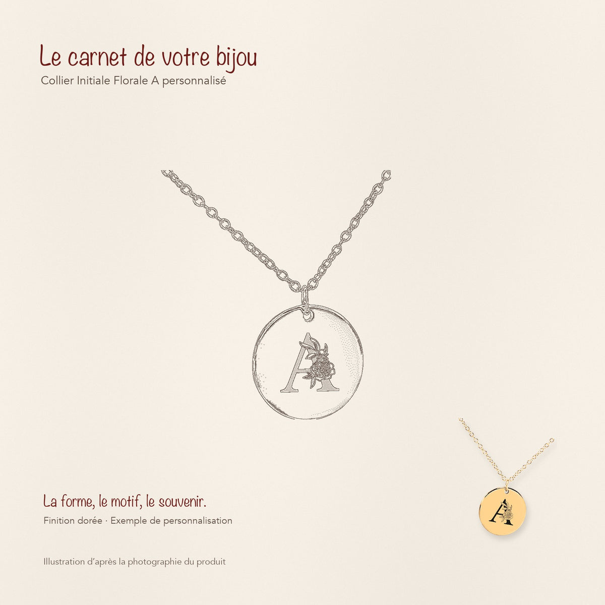 Dessin au trait du collier initiale florale A, accompagné du bijou doré dans une composition de carnet manuscrit.