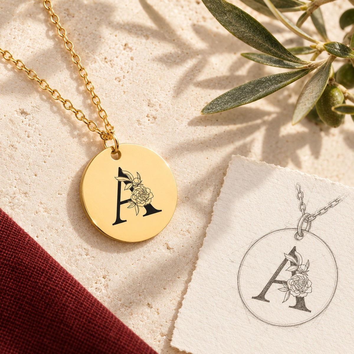 Collier initiale florale A personnalisé doré sur pierre claire avec dessin de sa médaille ronde.