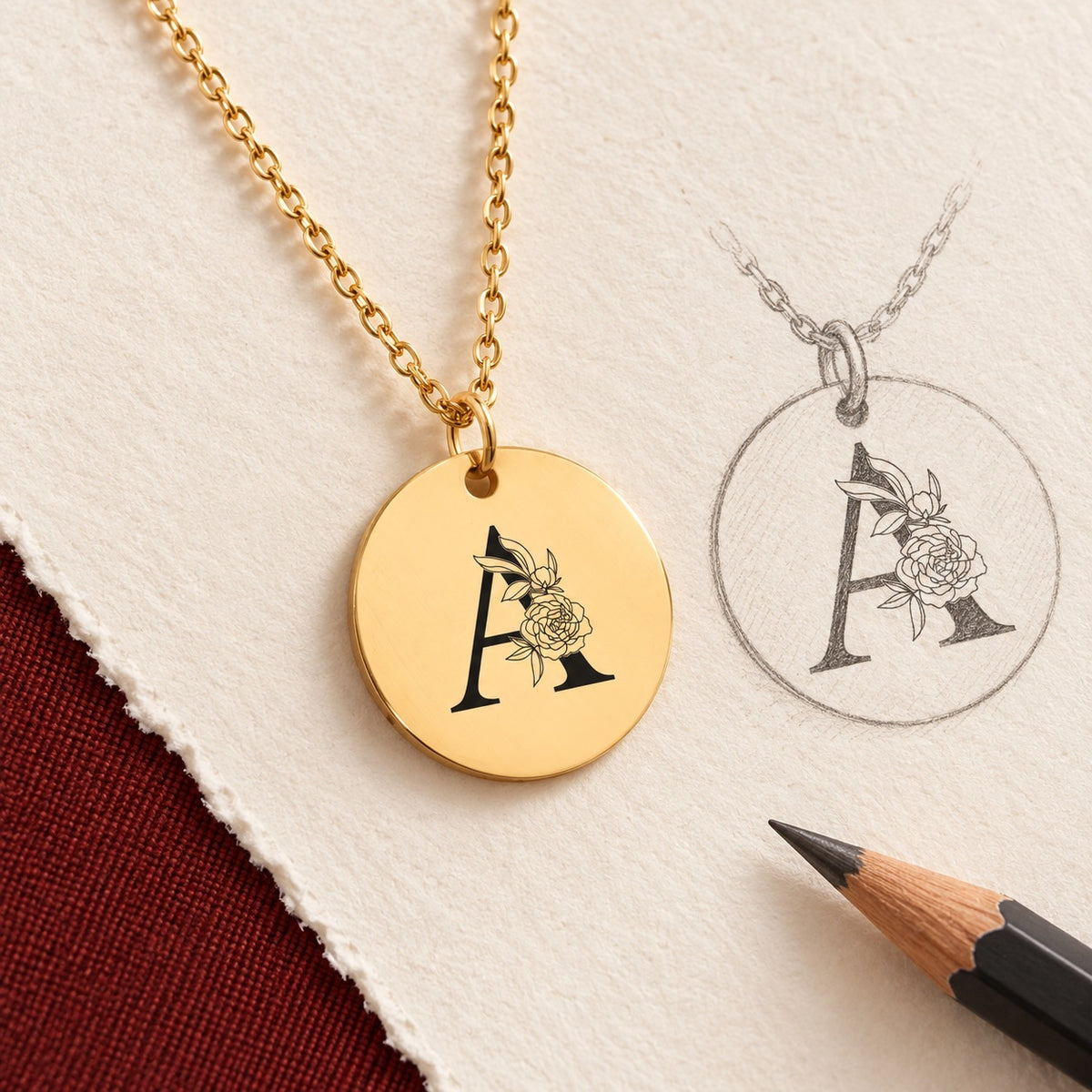Collier initiale florale A personnalisé doré et étude au graphite du bijou sur papier ivoire.