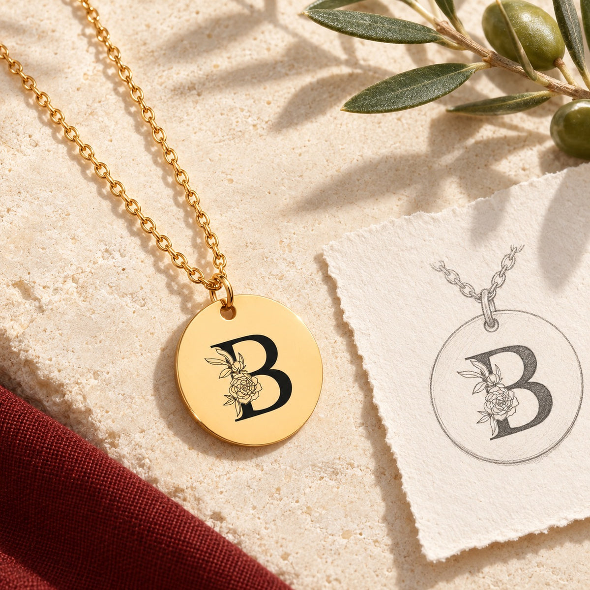 Collier initiale florale B personnalisé doré sur pierre claire avec dessin de sa médaille ronde.