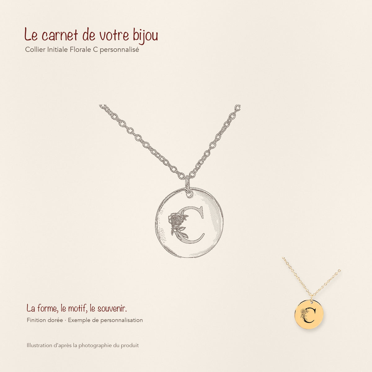 Dessin au trait et photographie du collier Initiale Florale C Personnalisé dans une composition de carnet manuscrit.