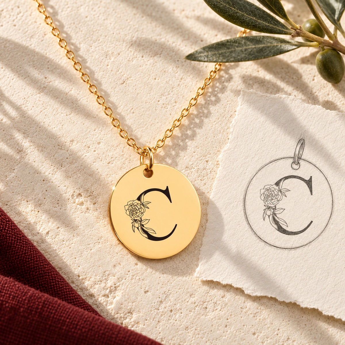 Collier initiale florale C personnalisé doré sur pierre claire avec dessin de sa médaille ronde.