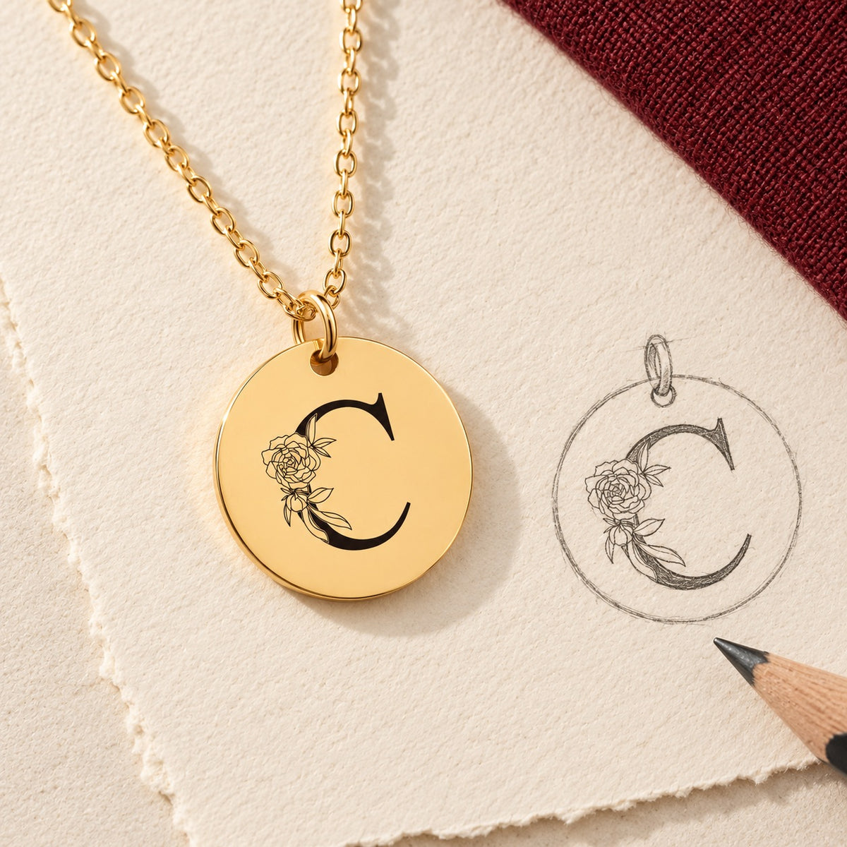 Collier initiale florale C personnalisé doré et étude au graphite du bijou sur papier ivoire.