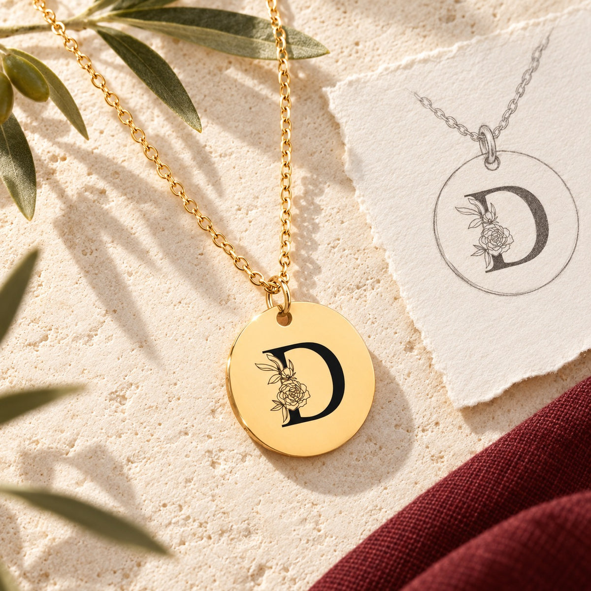 Collier initiale florale D personnalisé doré sur pierre claire avec dessin de sa médaille ronde.