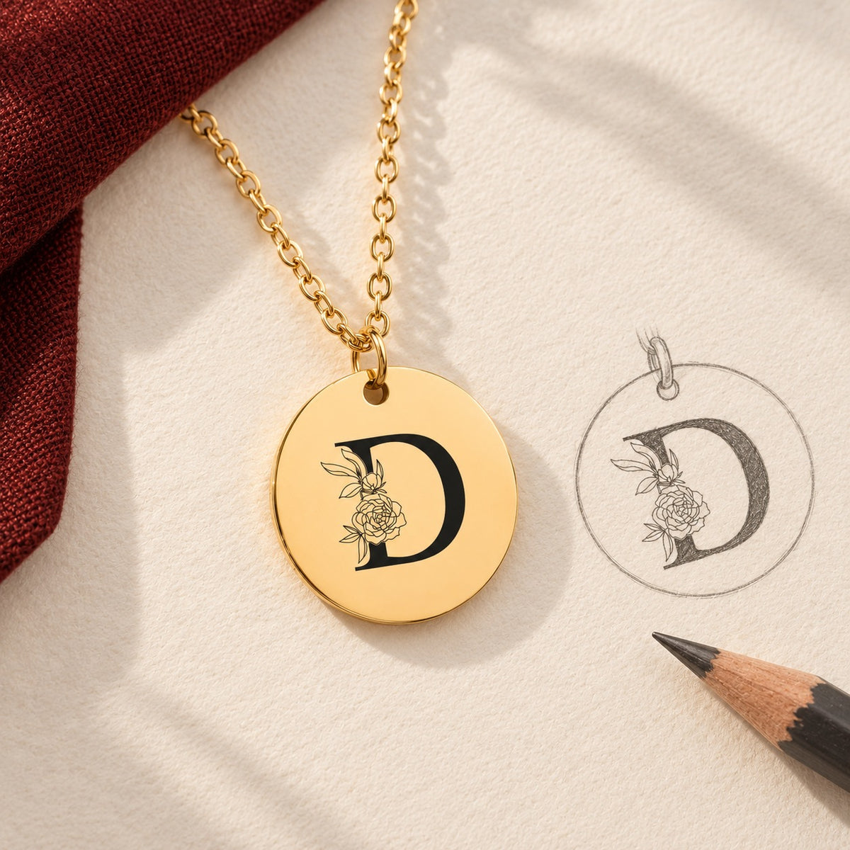 Collier initiale florale D personnalisé doré et étude au graphite du bijou sur papier ivoire.