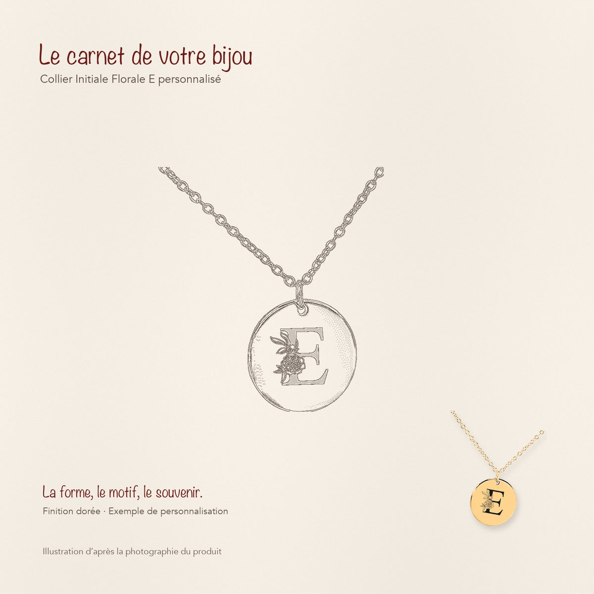 Dessin au trait et photographie du collier Initiale Florale E Personnalisé dans une composition de carnet manuscrit.