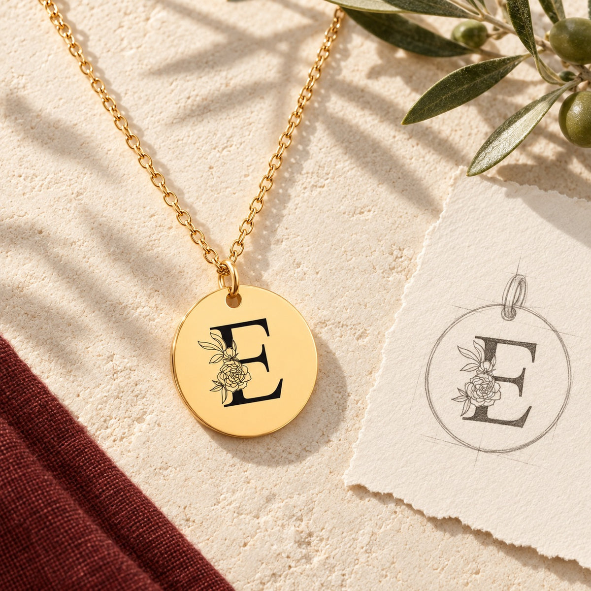 Collier initiale florale E personnalisé doré sur pierre claire avec dessin de sa médaille ronde.