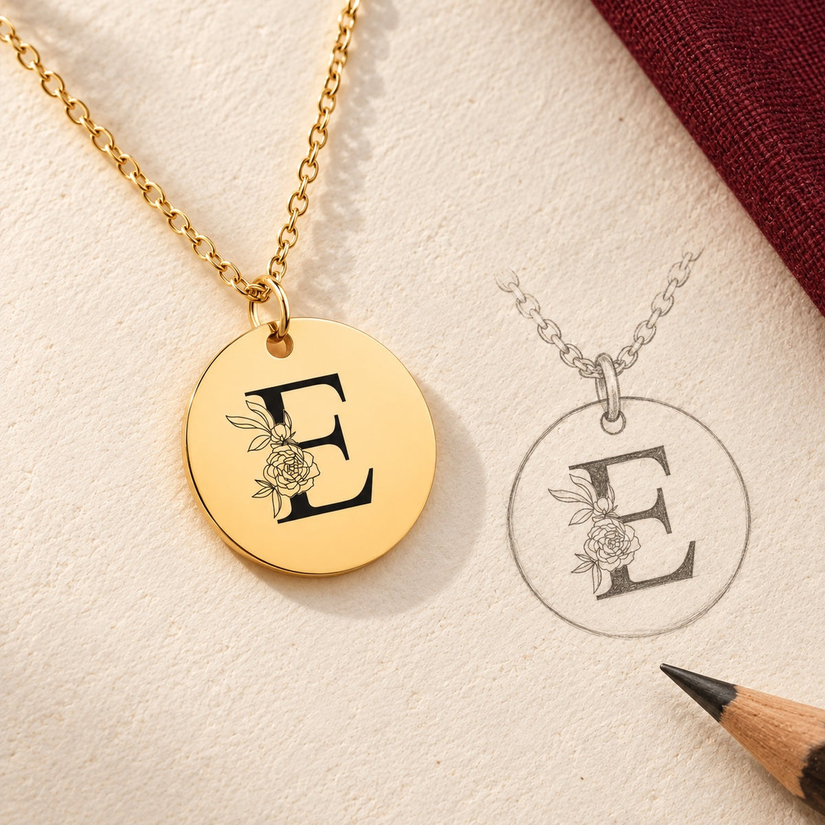 Collier initiale florale E personnalisé doré et étude au graphite du bijou sur papier ivoire.
