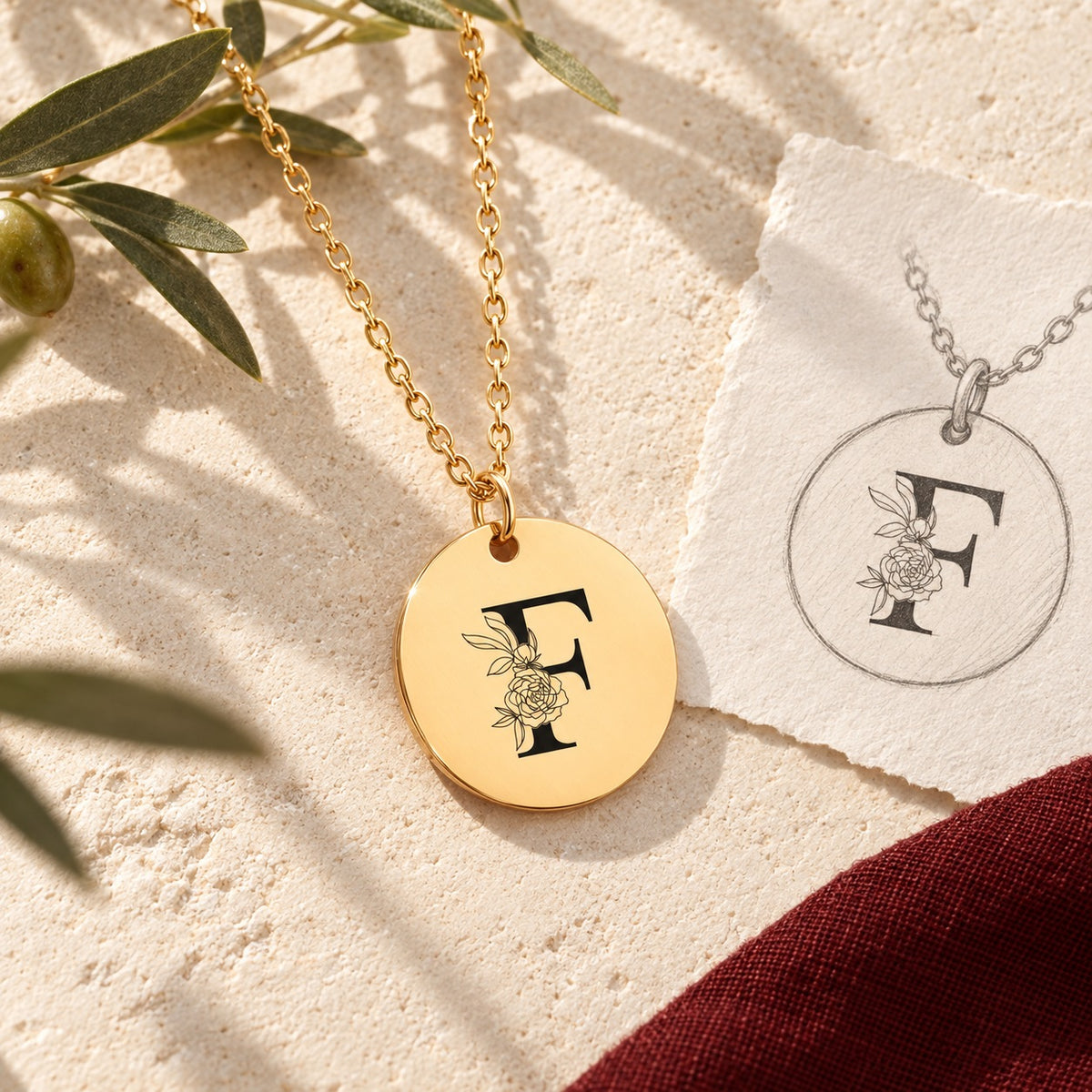 Collier initiale florale F personnalisé doré sur pierre claire avec dessin de sa médaille ronde.