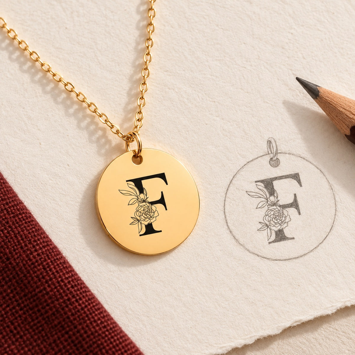 Collier initiale florale F personnalisé doré et étude au graphite du bijou sur papier ivoire.