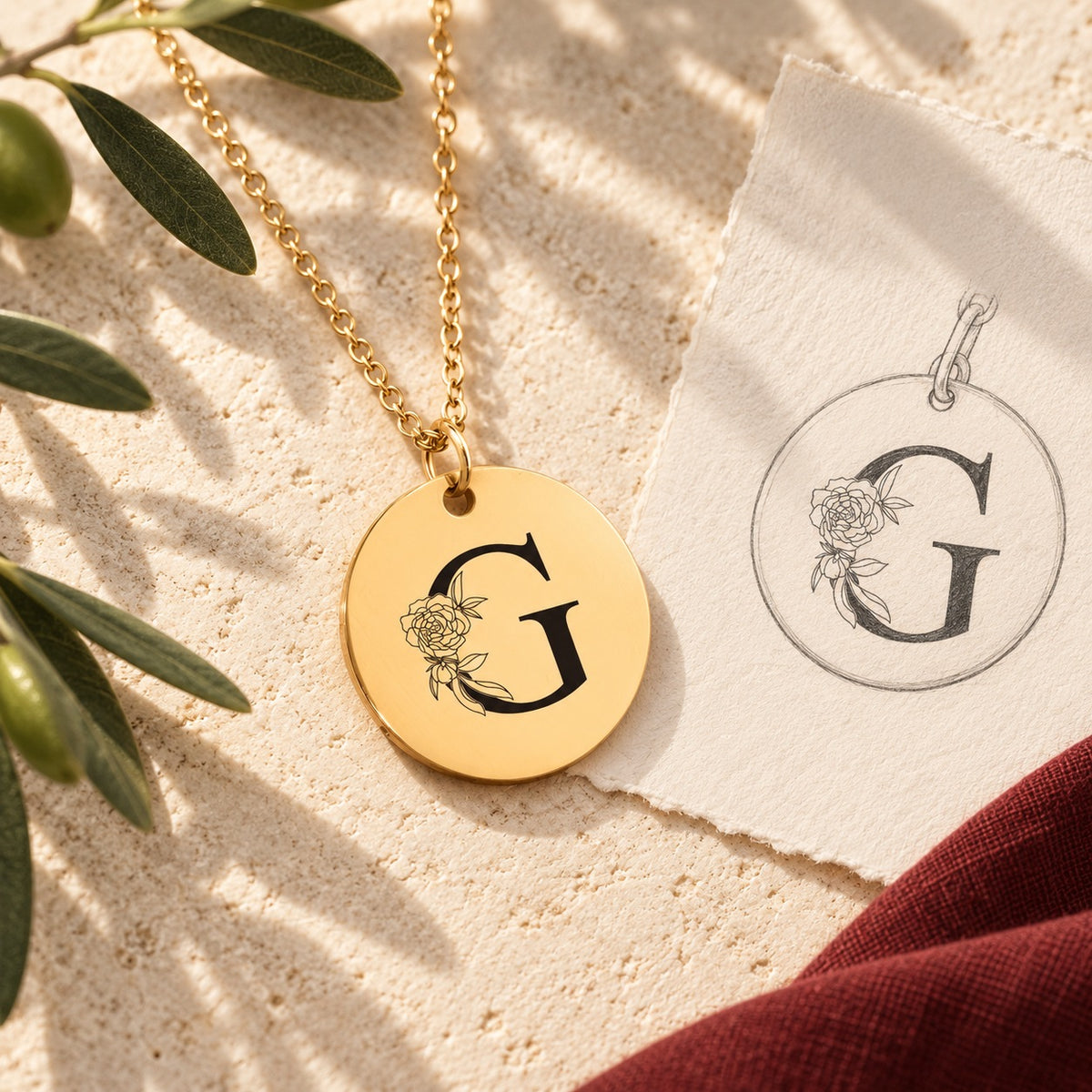 Collier initiale florale G personnalisé doré sur pierre claire avec dessin de sa médaille ronde.