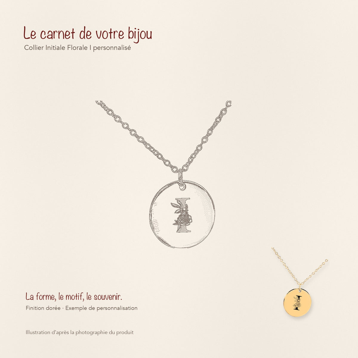 Dessin au trait et photographie du collier Initiale Florale I Personnalisé dans une composition de carnet manuscrit.