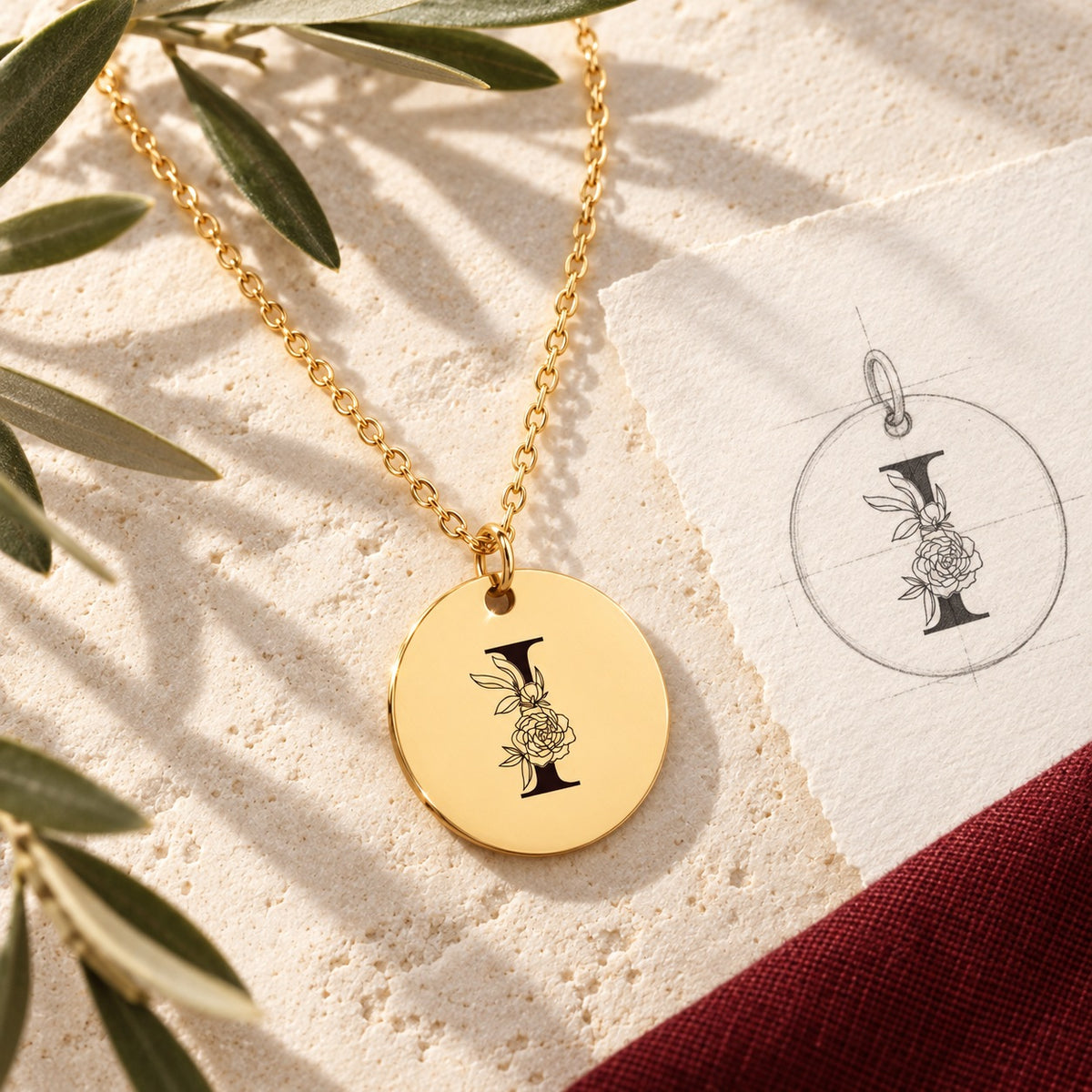 Collier initiale florale I personnalisé doré sur pierre claire avec dessin de sa médaille ronde.