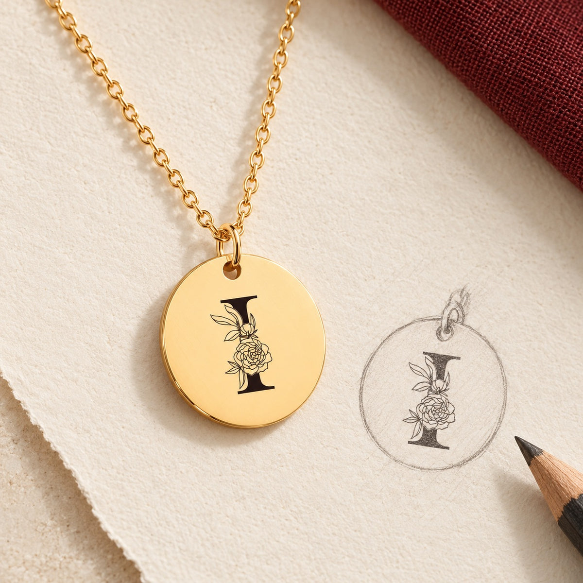 Collier initiale florale I personnalisé doré et étude au graphite du bijou sur papier ivoire.