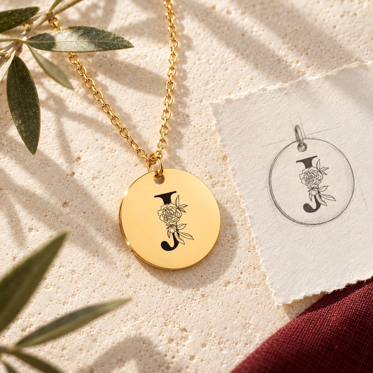 Collier initiale florale J personnalisé doré sur pierre claire avec dessin de sa médaille ronde.