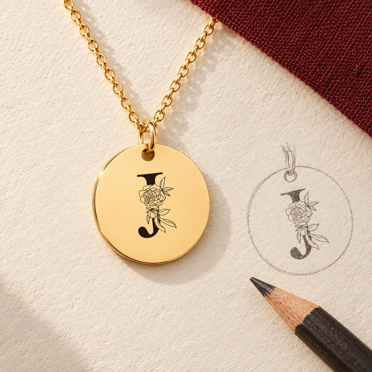 Collier initiale florale J personnalisé doré et étude au graphite du bijou sur papier ivoire.