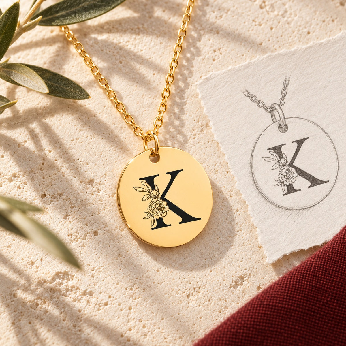 Collier initiale florale K personnalisé doré sur pierre claire avec dessin de sa médaille ronde.