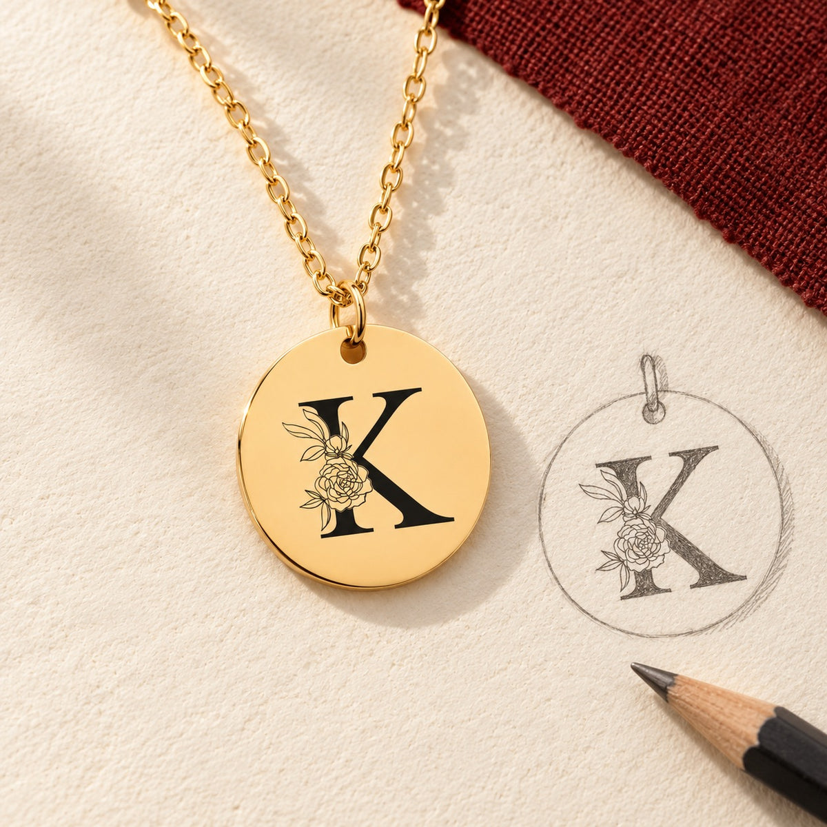Collier initiale florale K personnalisé doré et étude au graphite du bijou sur papier ivoire.