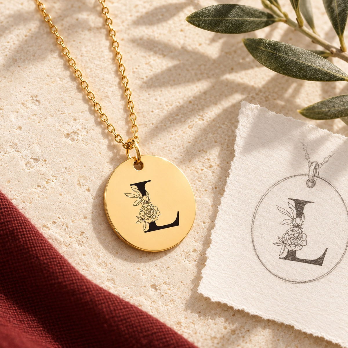 Collier initiale florale L personnalisé doré sur pierre claire avec dessin de sa médaille ronde.