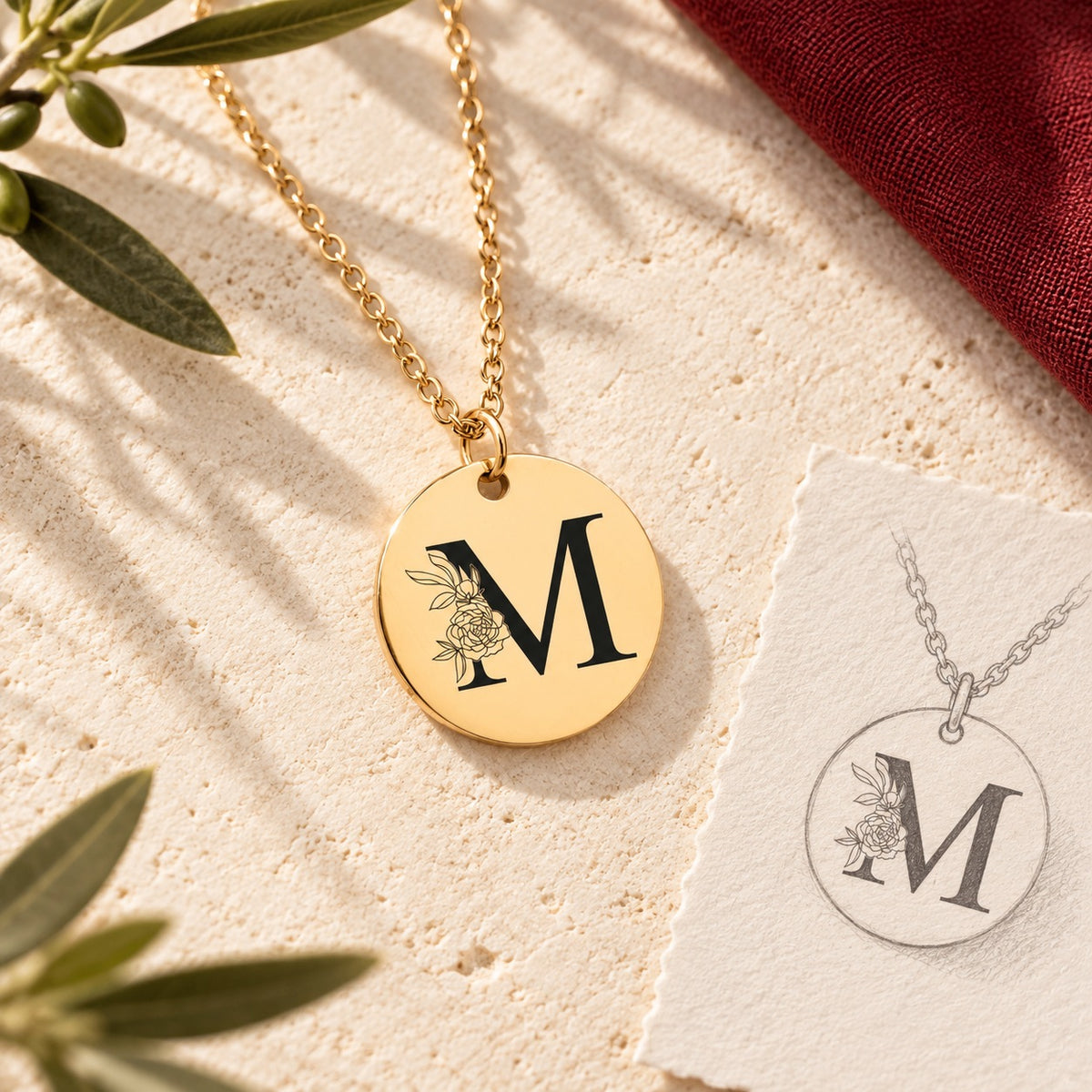 Collier initiale florale M personnalisé doré sur pierre claire avec dessin de sa médaille ronde.