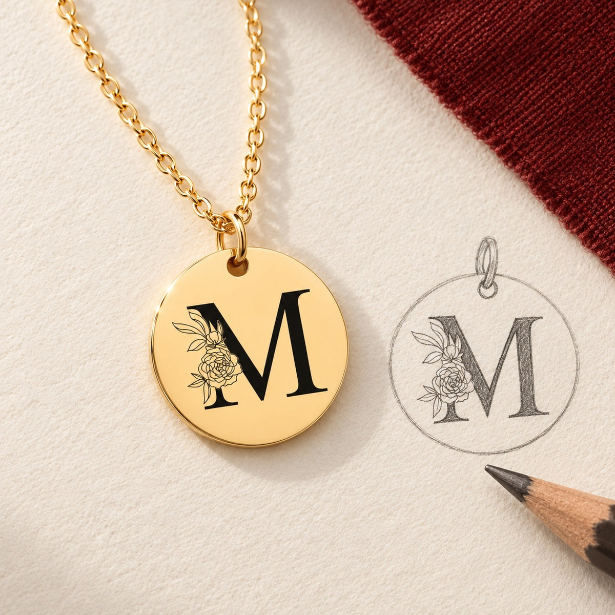 Collier initiale florale M personnalisé doré et étude au graphite du bijou sur papier ivoire.